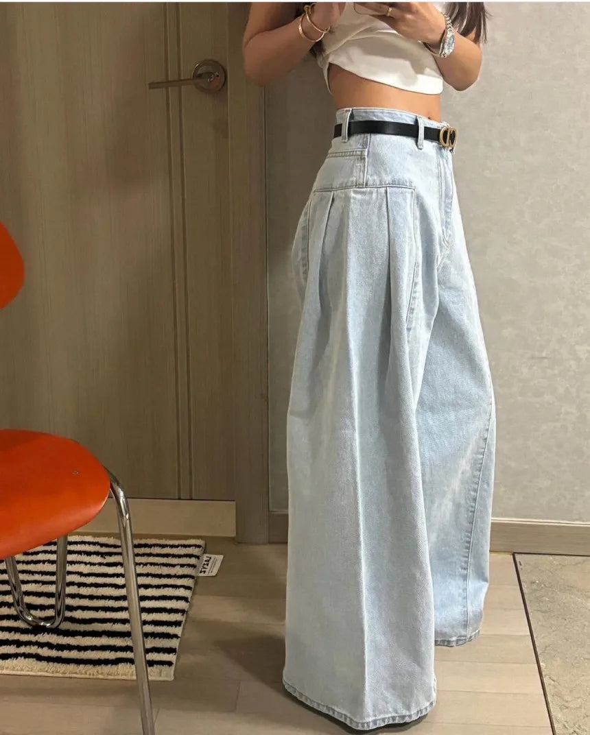 Chic High Waist Wide Leg Denim Jeans Women's Spring New Small ence Design Waed Straight Leg Long Pants Slimming Effect