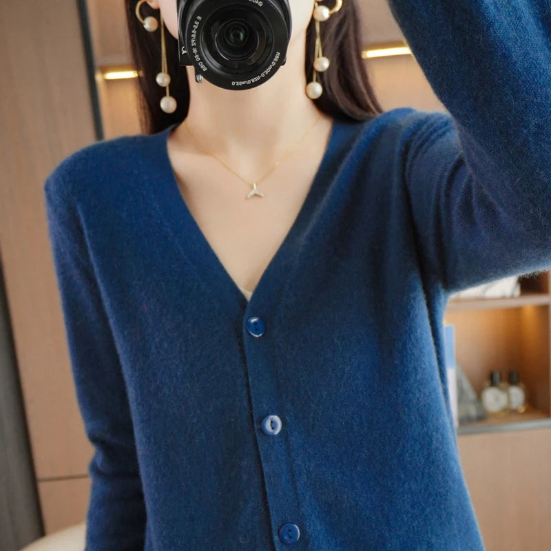 New Worsted Spring And Autumn Female V-Neck Cardigan Solid Color Fashion High-Grade Loose Comfortable Knitted Cardigan-gh312