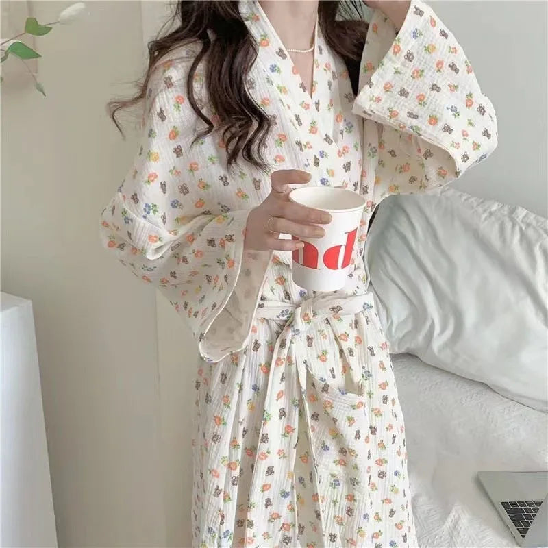 Women's Spring Autumn Robes Dress Home Clothes Long Sleeve Nightie for Women Pyjamas Cherry Print Ladies Homewear Robe Pyjama