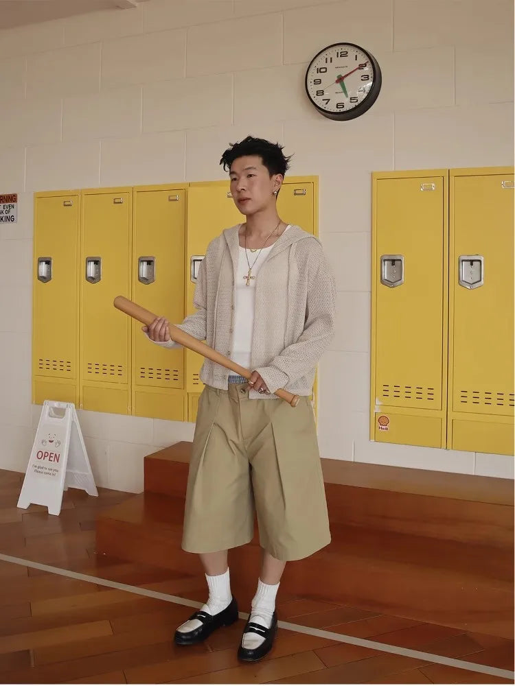 Mauroicardi Spring Summer Plaid Patchwork Khaki Shorts for Men Double Waist Knee Length Pants Luxury Designer Emo Clothes 2025