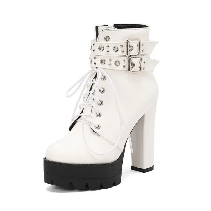 2024 Rivet Ankle Short Boots Round Head 13cm Heel Waterproof Platform Spring Autumn Boots 34-43 Belt Buckle Zip PU Women's Boots