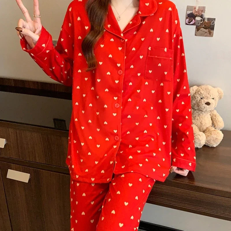 2025 Spring New Faux Cotton Women's Pajamas Set Y2k Lapel Button Cardigan Lounges Senior Red Love Heart Fashion Home Clothes 2pc