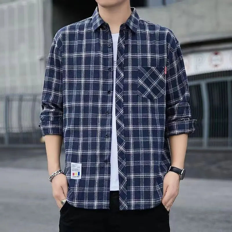 Men Clothing Vintage Classic Plaid Print Appliques All Match Shirt Spring Autumn Casual Lapel Long Sleeve Loose Streetwear Tops