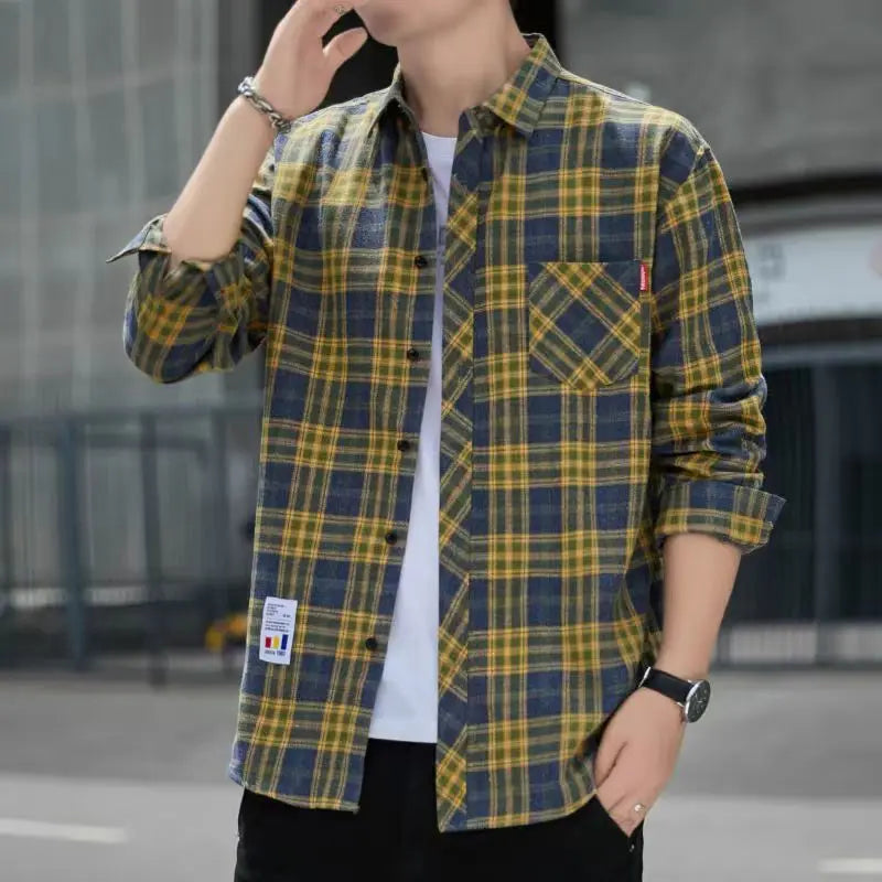 Men Clothing Vintage Classic Plaid Print Appliques All Match Shirt Spring Autumn Casual Lapel Long Sleeve Loose Streetwear Tops