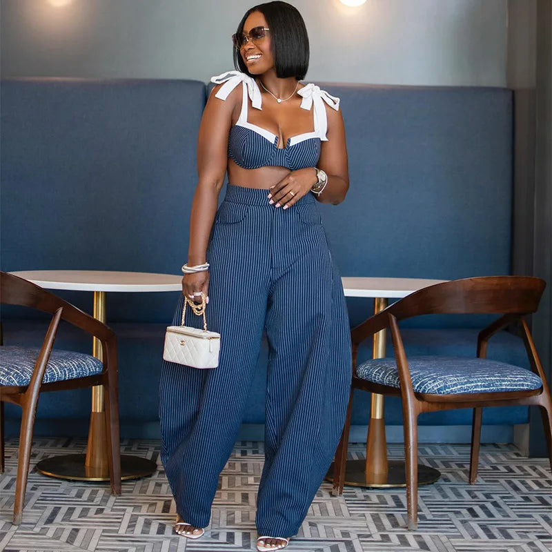 GLCMYAYA Street Women Set Striped Strapless Bow Crop Top and Long Pants 2026 Spring Party Vacation Sexy Two 2 Piece Set Outfits