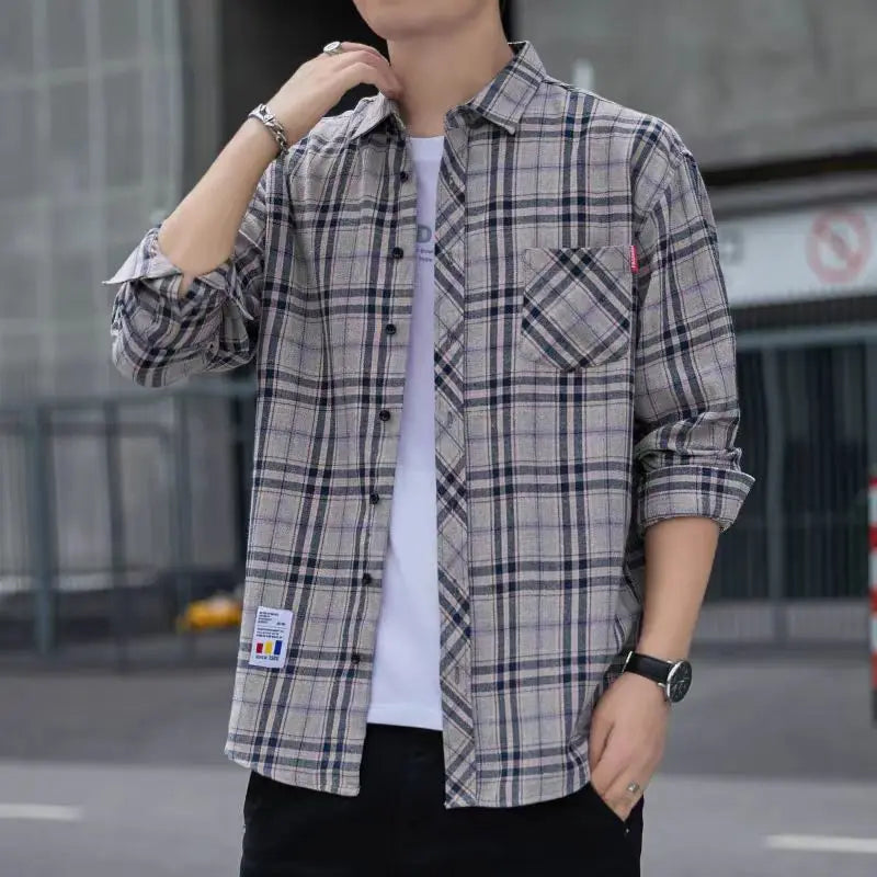 Men Clothing Vintage Classic Plaid Print Appliques All Match Shirt Spring Autumn Casual Lapel Long Sleeve Loose Streetwear Tops