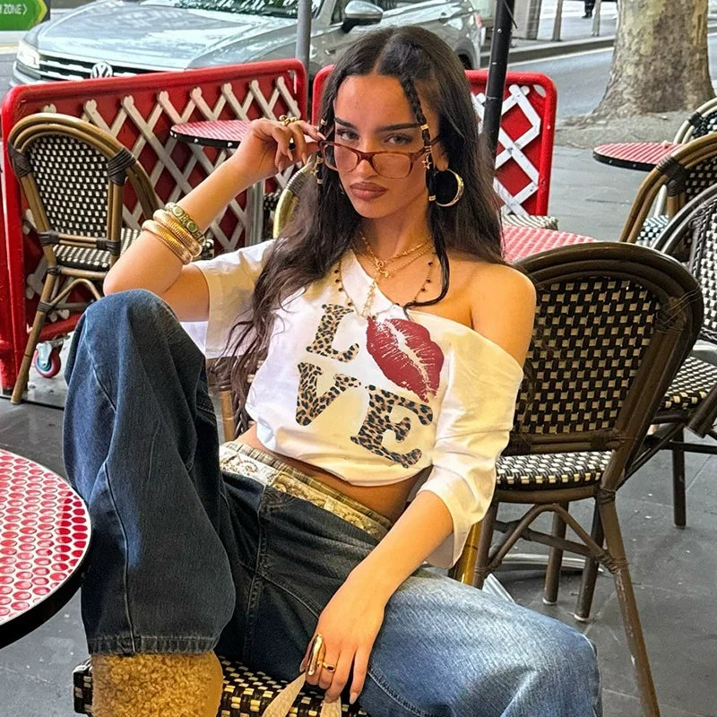 White Short Skew Collar Strapless Long-sleeved T-shirt Fashion Streetwear Sexy Loose Solid Top Casual Spring Autumn Coquette