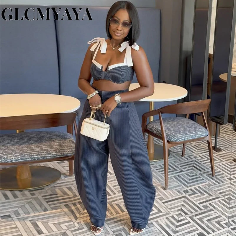 GLCMYAYA Street Women Set Striped Strapless Bow Crop Top and Long Pants 2026 Spring Party Vacation Sexy Two 2 Piece Set Outfits