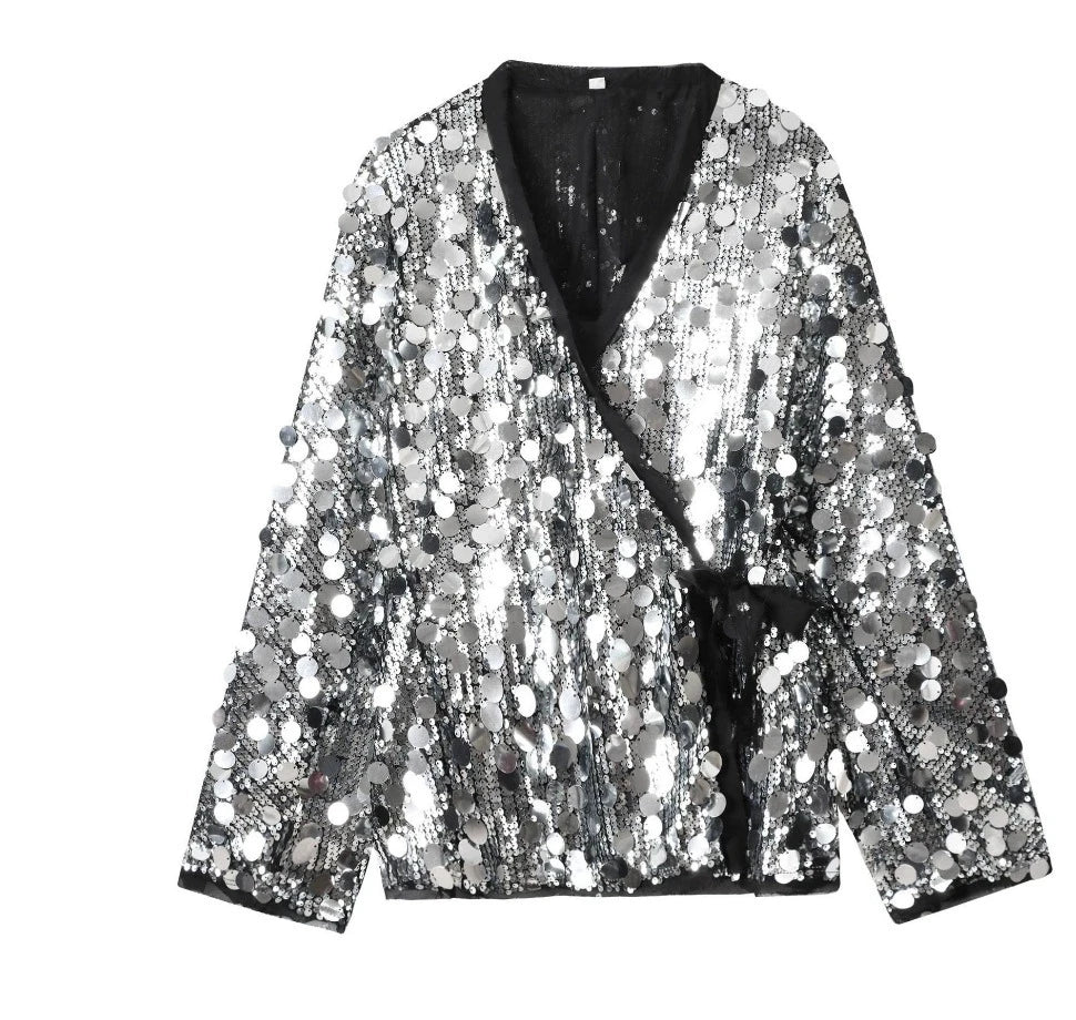 Women's Solid Color Sequin Leace-up Coat Temperament Commuting Long Sleeve Suit Cardigan Coats Female 2025 Spring New Hot Style