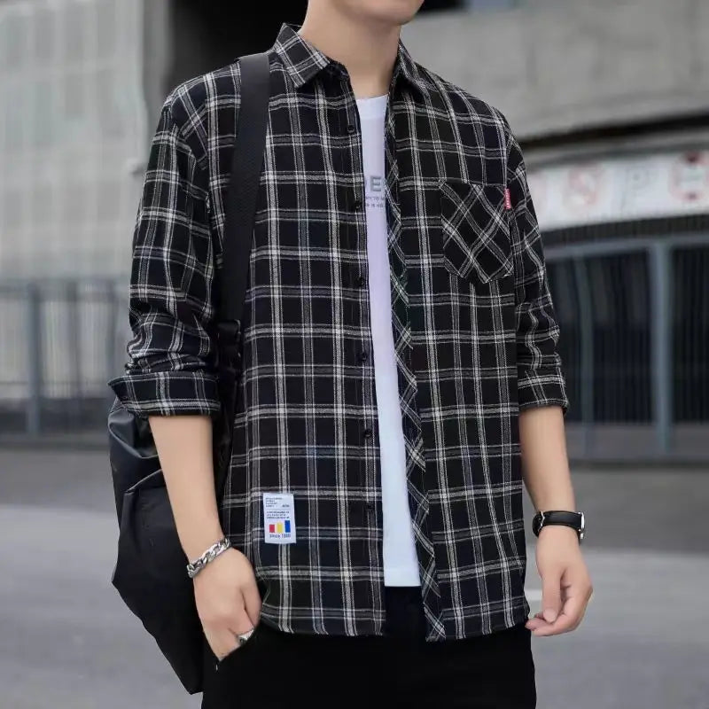 Men Clothing Vintage Classic Plaid Print Appliques All Match Shirt Spring Autumn Casual Lapel Long Sleeve Loose Streetwear Tops