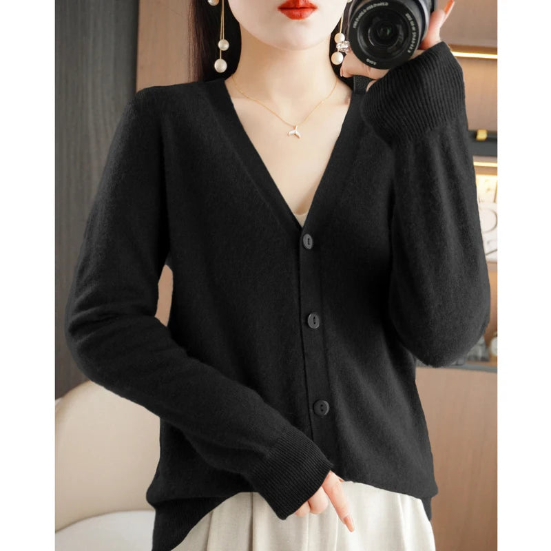 New Worsted Spring And Autumn Female V-Neck Cardigan Solid Color Fashion High-Grade Loose Comfortable Knitted Cardigan-gh312