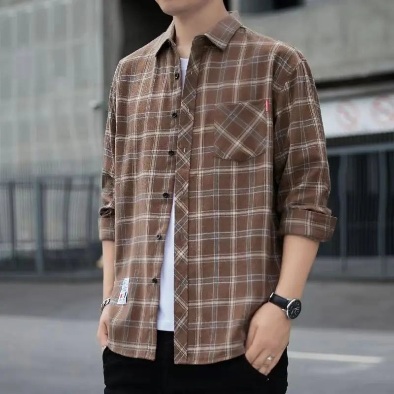 Men Clothing Vintage Classic Plaid Print Appliques All Match Shirt Spring Autumn Casual Lapel Long Sleeve Loose Streetwear Tops