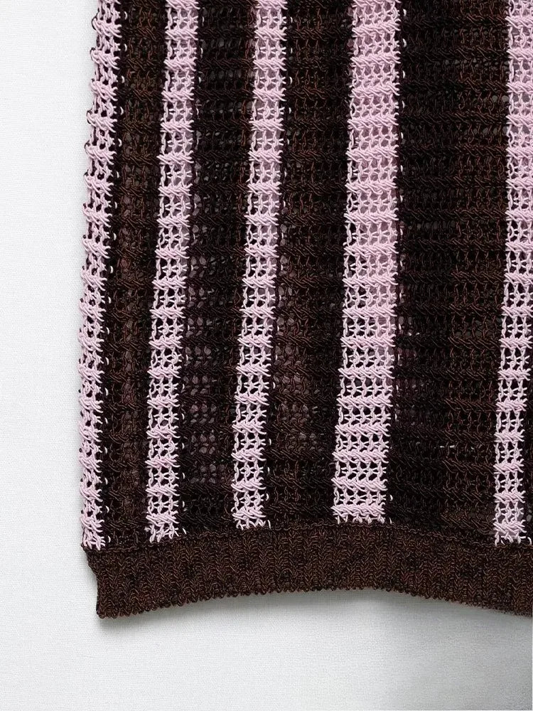 KONDALA Vintage Casual Chic Women Suit Striped Short Sleeve Knitted Tops Lace-up Shorts Fashion 2025 Spring Autumn Female Set