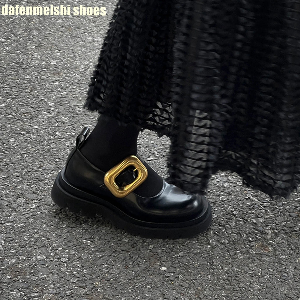 Metal Buckle Loafers Leather Shoes for Women Black Round Toe Platform Slip On Mary Jane Shoes 2026 Spring Fashion Casual Shoes