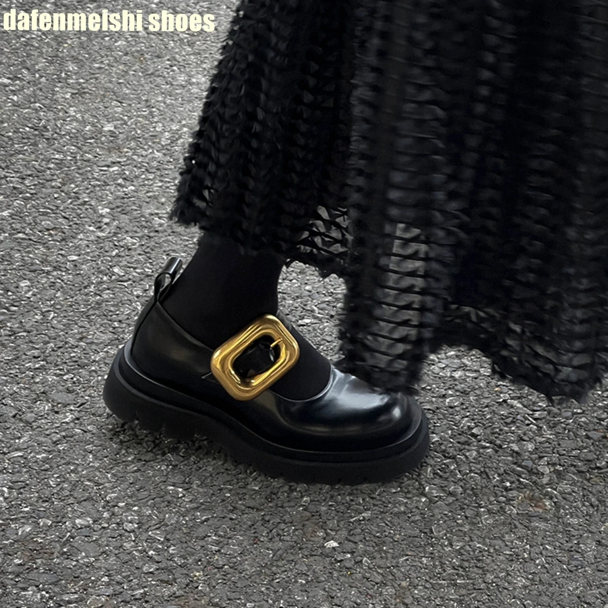 Metal Buckle Loafers Leather Shoes for Women Black Round Toe Platform Slip On Mary Jane Shoes 2026 Spring Fashion Casual Shoes