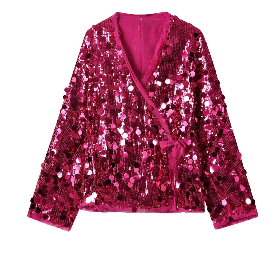 Women's Solid Color Sequin Leace-up Coat Temperament Commuting Long Sleeve Suit Cardigan Coats Female 2025 Spring New Hot Style