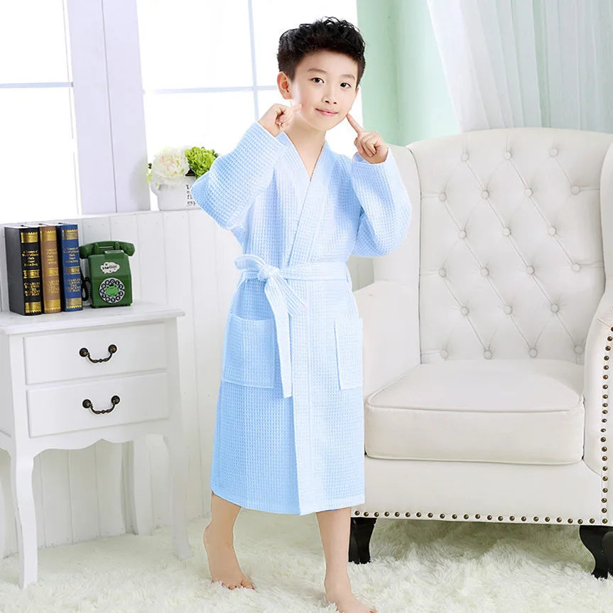 Cotton Waffle Kids Bathrobe - A Class 2025 S/S Soft Absorbent Non-Shedding Belted Homewear After Bath & Sleepwear for 3-10Y