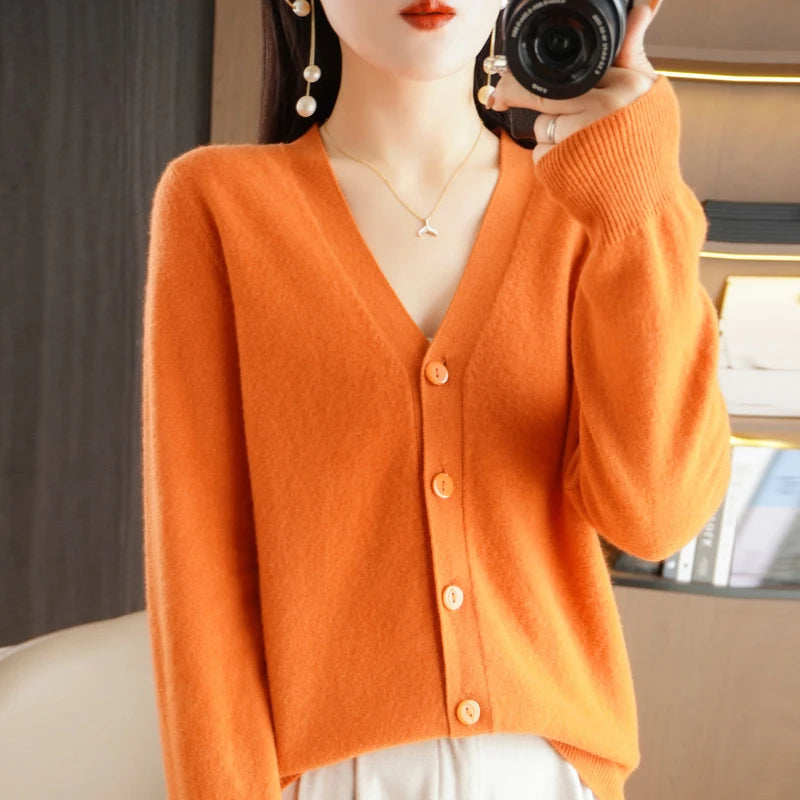 New Worsted Spring And Autumn Female V-Neck Cardigan Solid Color Fashion High-Grade Loose Comfortable Knitted Cardigan-gh312