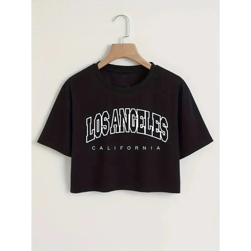 Cropped Los Angeles California Letter Print T-shirt  Casual Short Sleeve Crew Neck Crop Top for Spring Summer Women's Clothing