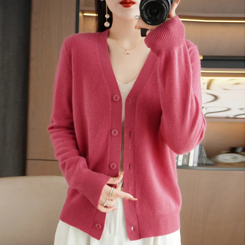 New Worsted Spring And Autumn Female V-Neck Cardigan Solid Color Fashion High-Grade Loose Comfortable Knitted Cardigan-gh312