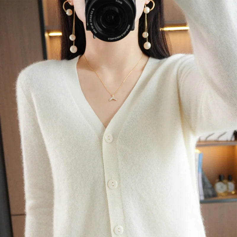 New Worsted Spring And Autumn Female V-Neck Cardigan Solid Color Fashion High-Grade Loose Comfortable Knitted Cardigan-gh312