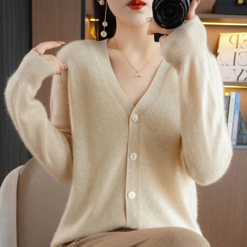 New Worsted Spring And Autumn Female V-Neck Cardigan Solid Color Fashion High-Grade Loose Comfortable Knitted Cardigan-gh312