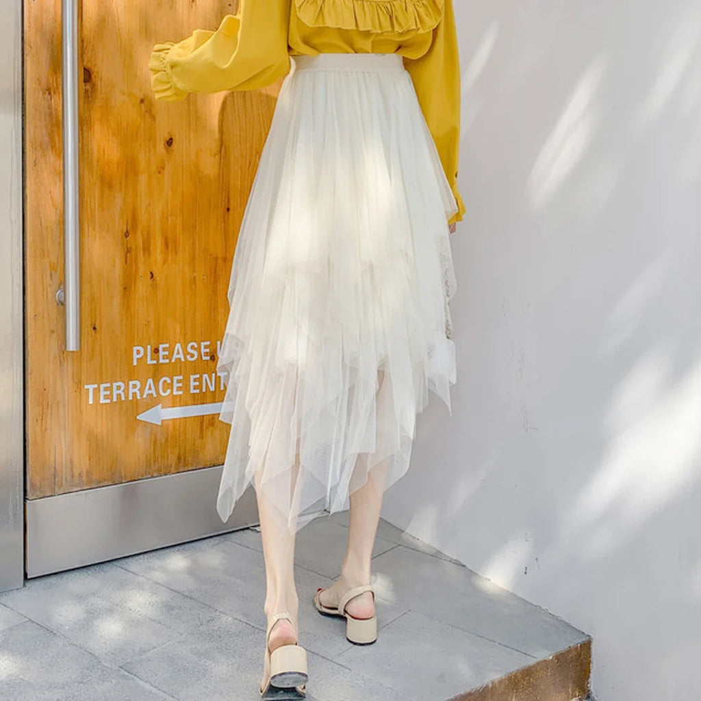 Irregular Tulle Skirt Women Spring Mesh Summer High Waist Skirt Up Party Casual Style Gothic Black Aesthetic Midi Skirts