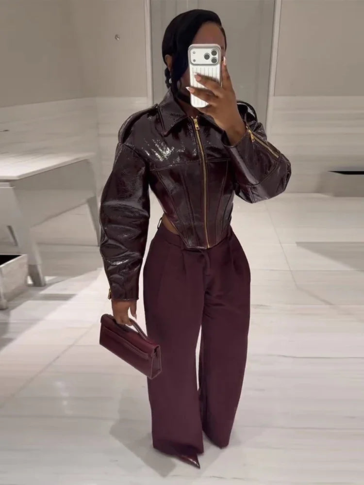 Elegant Burgundy Shiny Leather Lapel Collar Jackets Women Fashion Solid Full Sleeve Waist-cinching Outwear Lady Spring Chic Coat