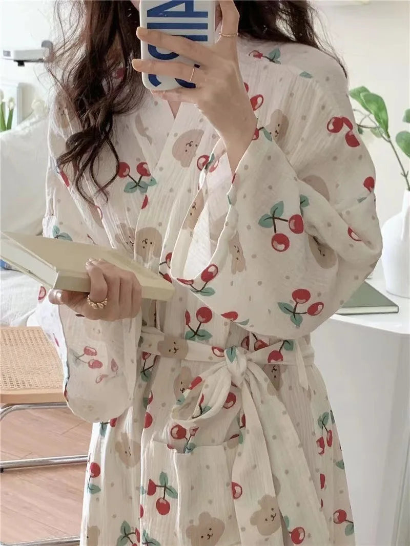 Women's Spring Autumn Robes Dress Home Clothes Long Sleeve Nightie for Women Pyjamas Cherry Print Ladies Homewear Robe Pyjama