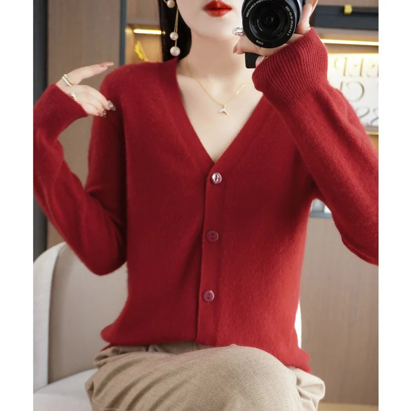 New Worsted Spring And Autumn Female V-Neck Cardigan Solid Color Fashion High-Grade Loose Comfortable Knitted Cardigan-gh312