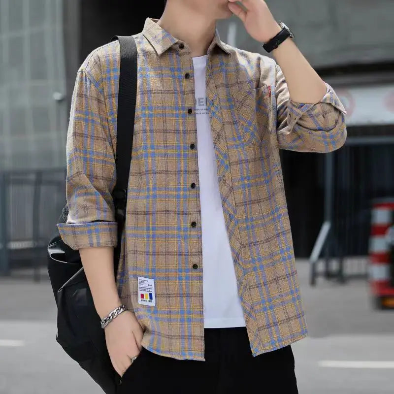 Men Clothing Vintage Classic Plaid Print Appliques All Match Shirt Spring Autumn Casual Lapel Long Sleeve Loose Streetwear Tops