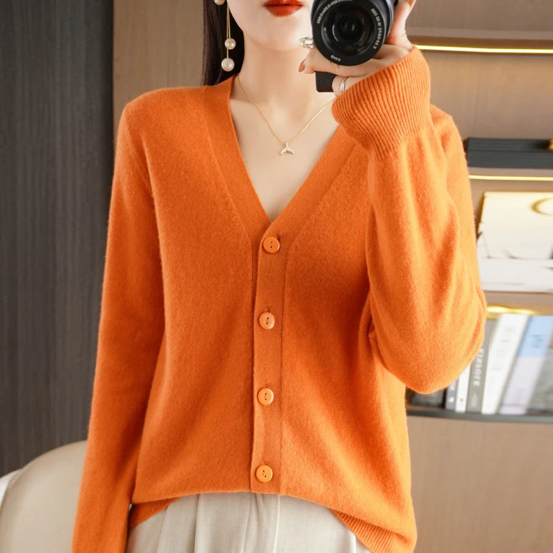 New Worsted Spring And Autumn Female V-Neck Cardigan Solid Color Fashion High-Grade Loose Comfortable Knitted Cardigan-gh312
