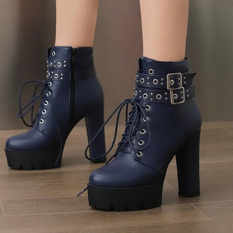 2024 Rivet Ankle Short Boots Round Head 13cm Heel Waterproof Platform Spring Autumn Boots 34-43 Belt Buckle Zip PU Women's Boots