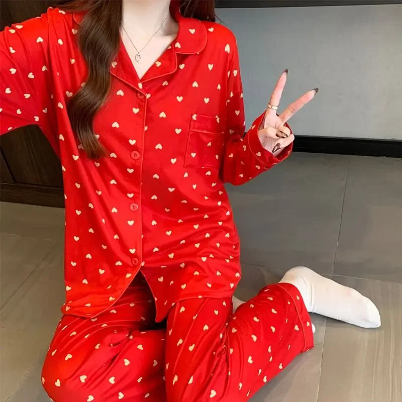 2025 Spring New Faux Cotton Women's Pajamas Set Y2k Lapel Button Cardigan Lounges Senior Red Love Heart Fashion Home Clothes 2pc