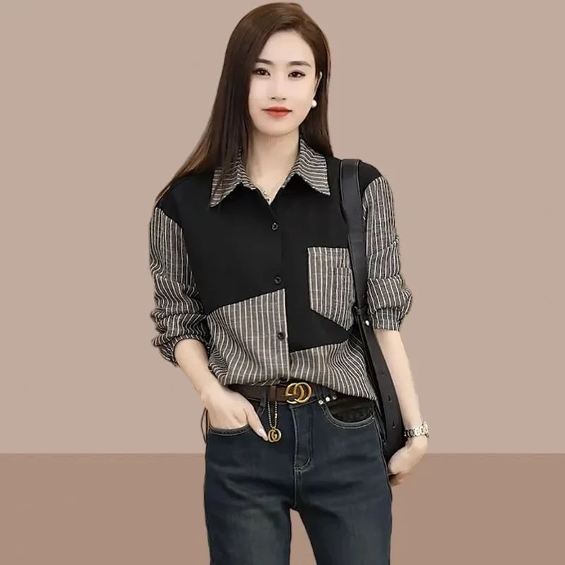 Elegant Female Blouse Color Matching Plaid Printed Shirt Fashion Button Tops Spring Autumn Women's Shirt Cotton Vintage J37