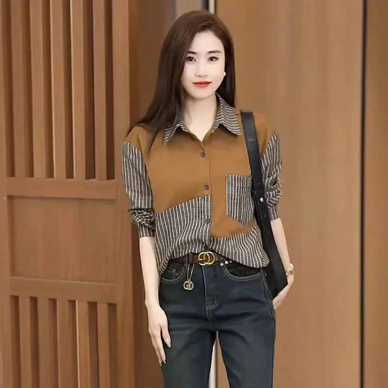 Elegant Female Blouse Color Matching Plaid Printed Shirt Fashion Button Tops Spring Autumn Women's Shirt Cotton Vintage J37