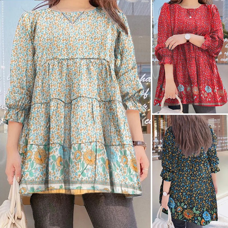 2022 The New Women Fashion Floral Print Tee Casual Ruffle Loose Top Ladies Puff Sleeves Spring and Autumn S-3XL Blouse T-Shirt