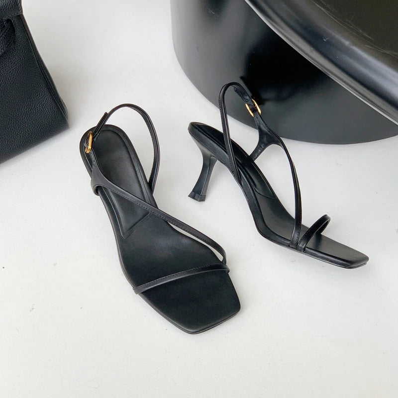 MOOQDAAX 2025 Spring Summer New Women's Shoes Side Band Design Feeling Fine High-heeled Genuine Leather Fashion Women Sandals