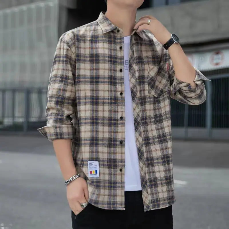 Men Clothing Vintage Classic Plaid Print Appliques All Match Shirt Spring Autumn Casual Lapel Long Sleeve Loose Streetwear Tops