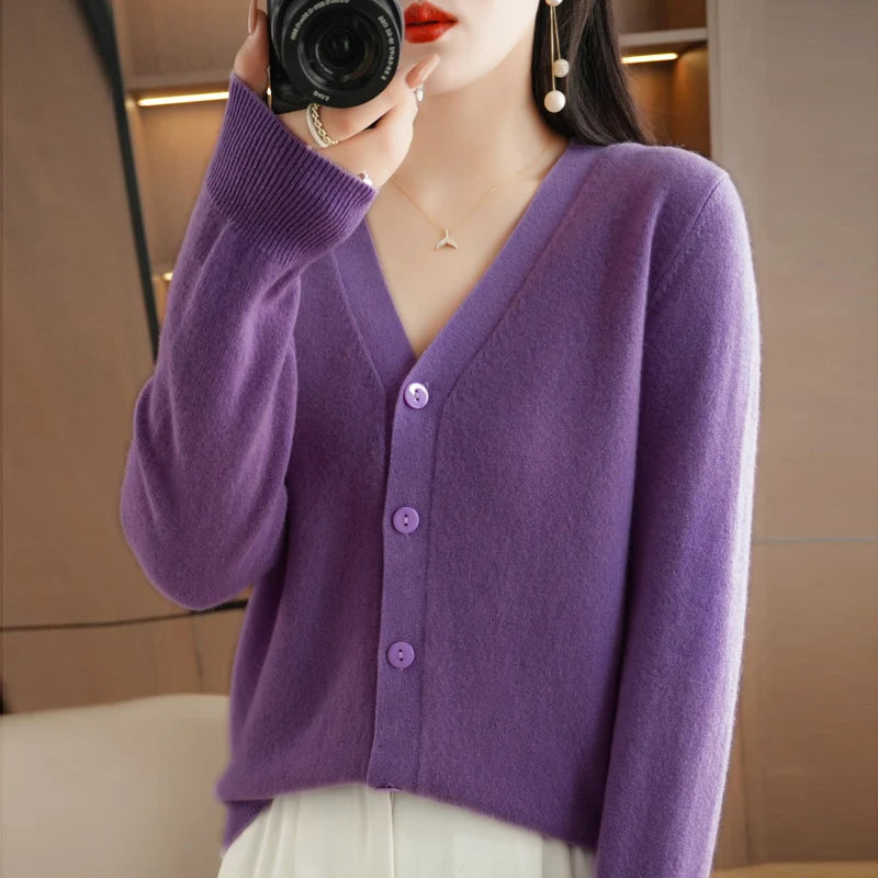 New Worsted Spring And Autumn Female V-Neck Cardigan Solid Color Fashion High-Grade Loose Comfortable Knitted Cardigan-gh312