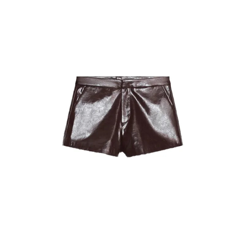 Elegant Burgundy Shiny Leather Lapel Collar Jackets Women Fashion Solid Full Sleeve Waist-cinching Outwear Lady Spring Chic Coat