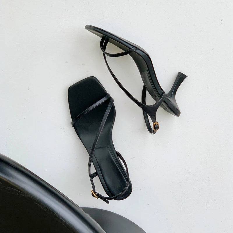 MOOQDAAX 2025 Spring Summer New Women's Shoes Side Band Design Feeling Fine High-heeled Genuine Leather Fashion Women Sandals