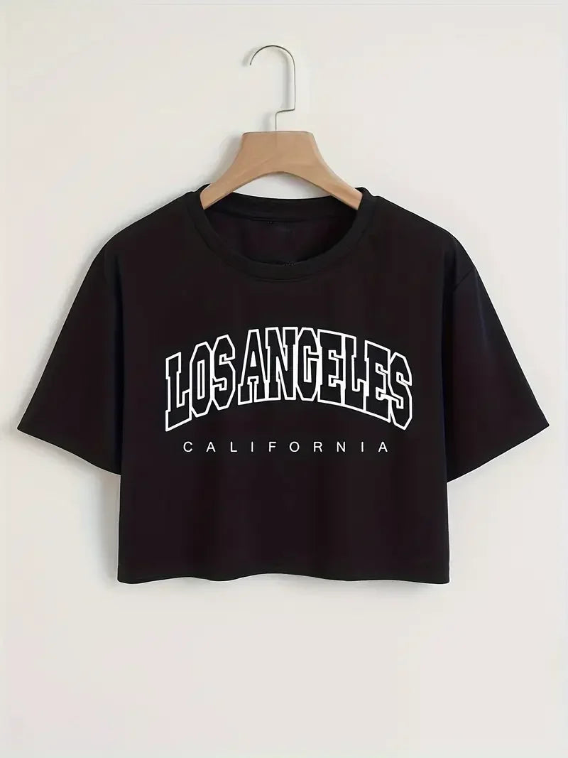 Cropped Los Angeles California Letter Print T-shirt  Casual Short Sleeve Crew Neck Crop Top for Spring Summer Women's Clothing