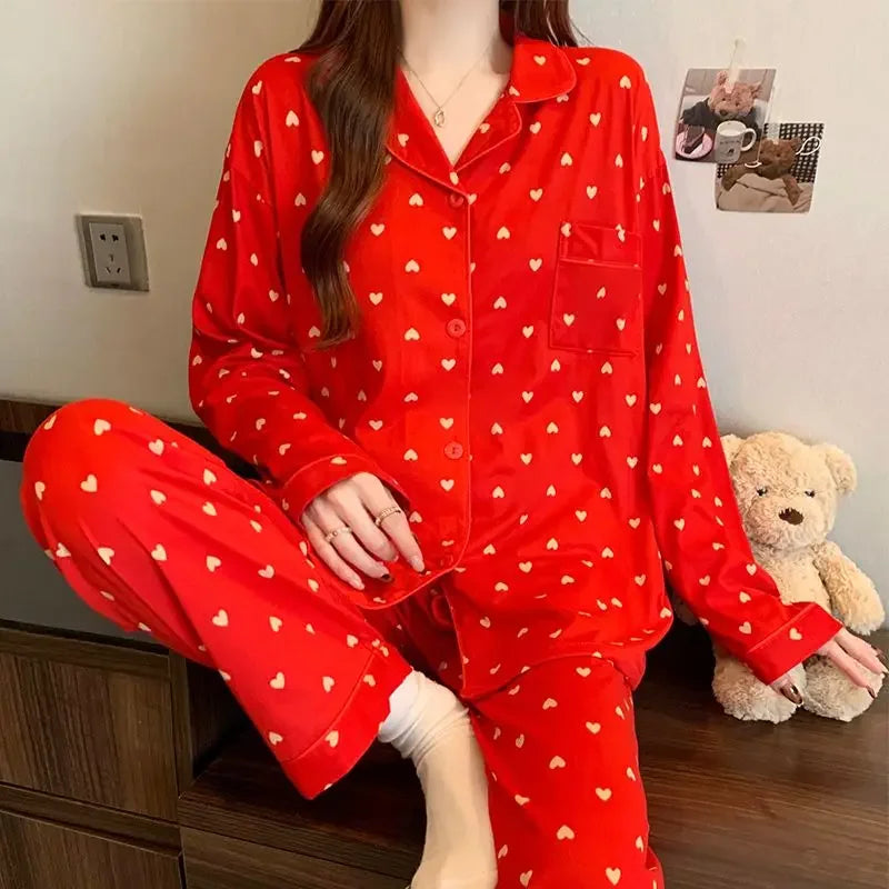 2025 Spring New Faux Cotton Women's Pajamas Set Y2k Lapel Button Cardigan Lounges Senior Red Love Heart Fashion Home Clothes 2pc