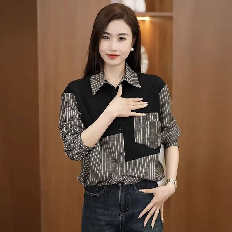 Elegant Female Blouse Color Matching Plaid Printed Shirt Fashion Button Tops Spring Autumn Women's Shirt Cotton Vintage J37