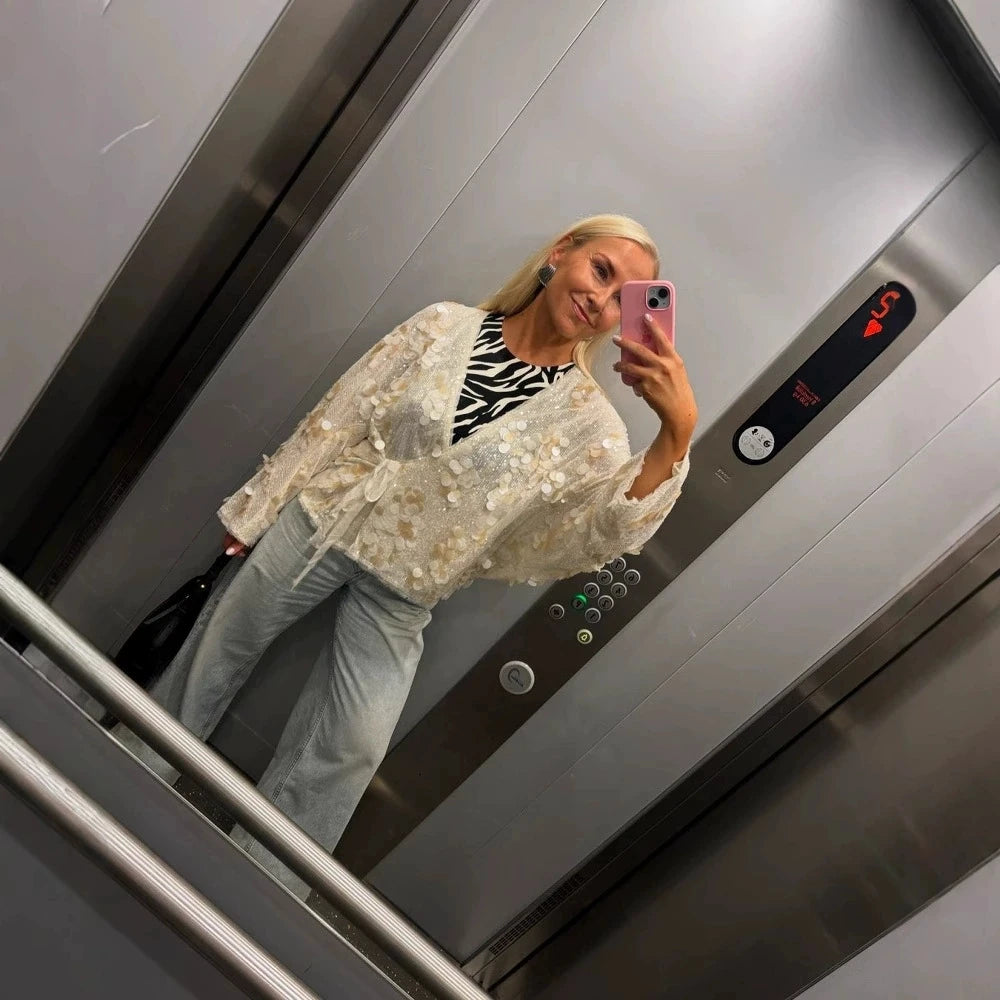 Women's Solid Color Sequin Leace-up Coat Temperament Commuting Long Sleeve Suit Cardigan Coats Female 2025 Spring New Hot Style