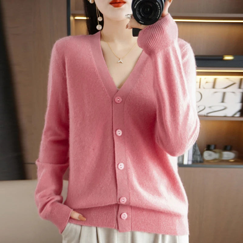 New Worsted Spring And Autumn Female V-Neck Cardigan Solid Color Fashion High-Grade Loose Comfortable Knitted Cardigan-gh312