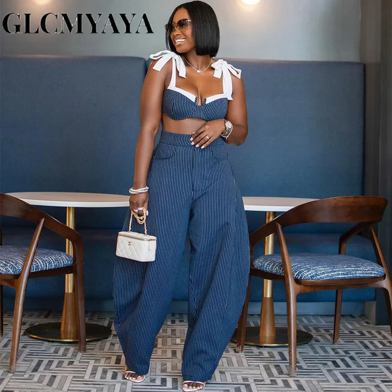 GLCMYAYA Street Women Set Striped Strapless Bow Crop Top and Long Pants 2026 Spring Party Vacation Sexy Two 2 Piece Set Outfits