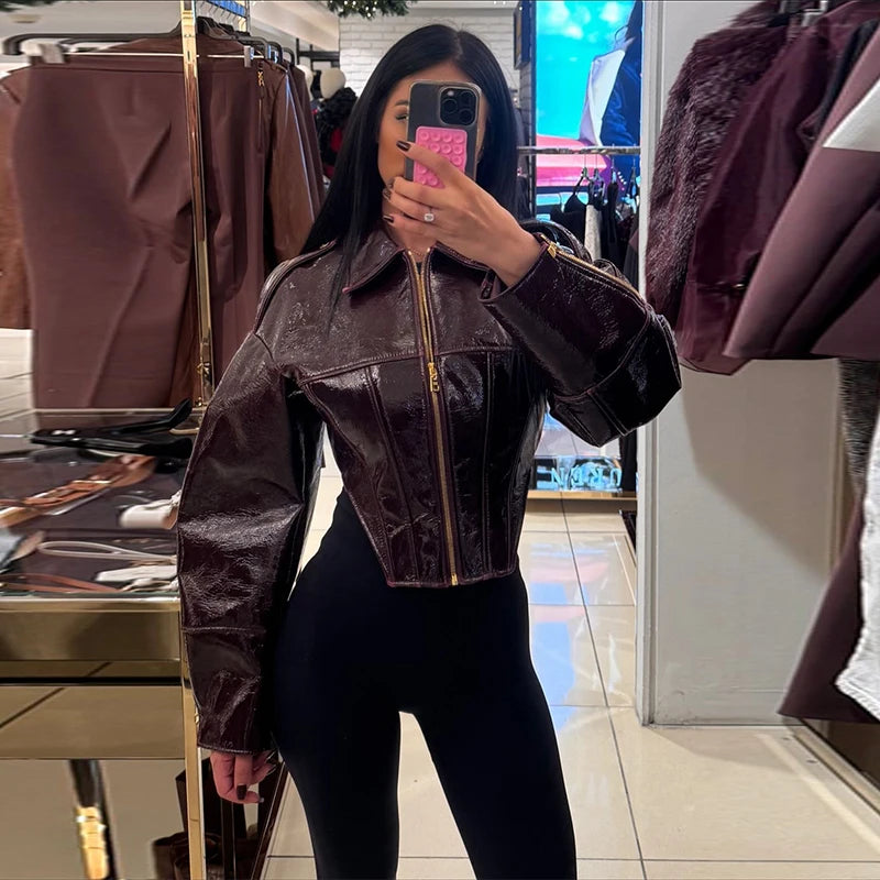 Elegant Burgundy Shiny Leather Lapel Collar Jackets Women Fashion Solid Full Sleeve Waist-cinching Outwear Lady Spring Chic Coat