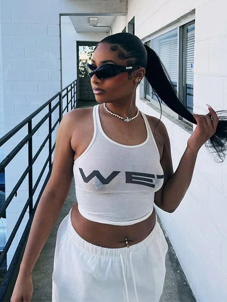 Spring 2025 Women's Sexy Racerback Tank Top White Slim Fit Letter Print Translucent Summer Top for Women